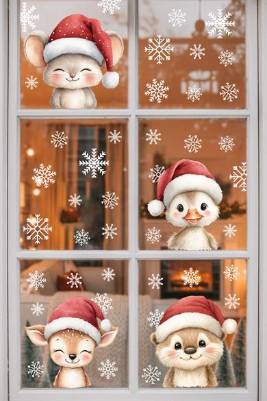 Yılbaşı Cam Sticker Seti – Sevimli Figürler ve 42 Kar Tanesi | Çift Taraflı Kullanım | Süsleme