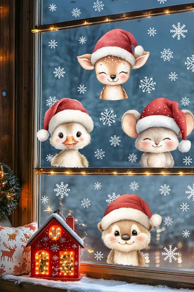 Yılbaşı Cam Sticker Seti – Sevimli Figürler ve 42 Kar Tanesi | Çift Taraflı Kullanım | Süsleme