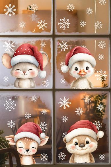Yılbaşı Cam Sticker Seti – Sevimli Figürler ve 42 Kar Tanesi | Çift Taraflı Kullanım | Süsleme