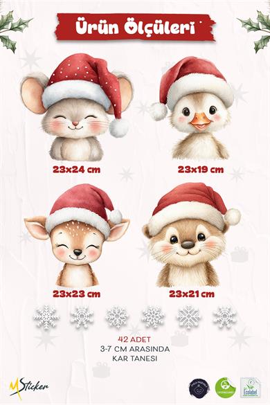 Yılbaşı Cam Sticker Seti – Sevimli Figürler ve 42 Kar Tanesi | Çift Taraflı Kullanım | Süsleme