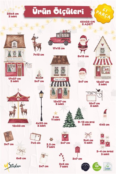 Yılbaşı Cam Sticker Seti – Yılbaşı Köyü Evler Noel Baba Geyik ve Atlı Karınca Çift Taraflı Baskılı