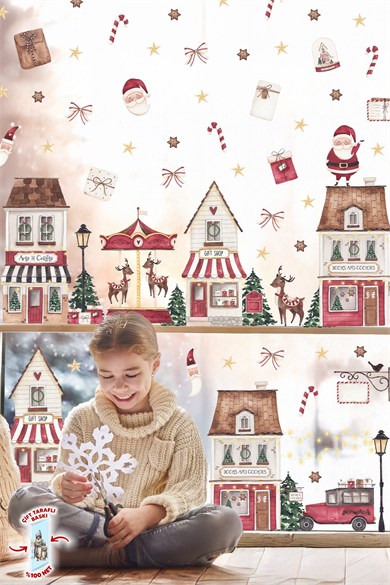 Yılbaşı Cam Sticker Seti – Yılbaşı Köyü Evler Noel Baba Geyik ve Atlı Karınca Çift Taraflı Baskılı