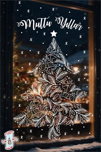 Yılbaşı Cam Sticker Seti – Yılbaşı Köyü Evler Noel Baba Geyik ve Atlı Karınca Çift Taraflı Baskılı