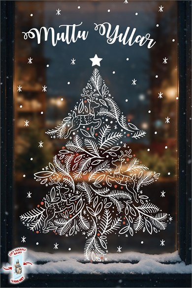 Yılbaşı Cam Sticker Seti – Yılbaşı Köyü Evler Noel Baba Geyik ve Atlı Karınca Çift Taraflı Baskılı
