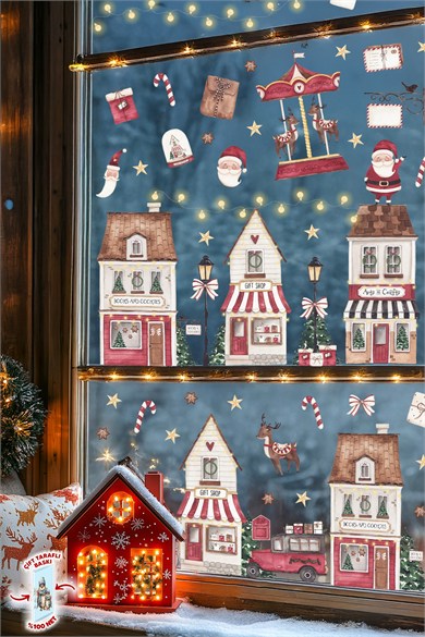 Yılbaşı Cam Sticker Seti – Yılbaşı Köyü Evler Noel Baba Geyik ve Atlı Karınca Çift Taraflı Baskılı