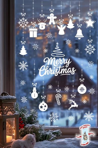 Yılbaşı Cam Süsü Sticker Seti – Merry Christmas Çift Taraflı Baskı 42 Kar Tanesi ve 34 Parça Figür