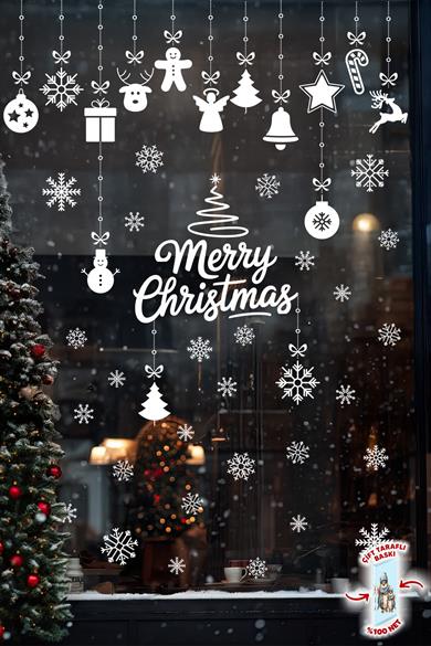 Yılbaşı Cam Süsü Sticker Seti – Merry Christmas Çift Taraflı Baskı 42 Kar Tanesi ve 34 Parça Figür