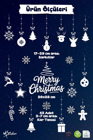 Yılbaşı Cam Süsü Sticker Seti – Merry Christmas Çift Taraflı Baskı 42 Kar Tanesi ve 34 Parça Figür