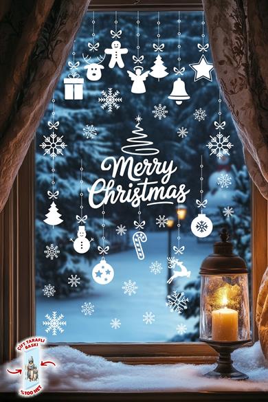 Yılbaşı Cam Süsü Sticker Seti – Merry Christmas Çift Taraflı Baskı 42 Kar Tanesi ve 34 Parça Figür