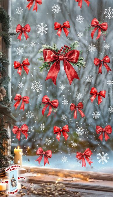 Yılbaşı Çift Taraflı Cam Sticker Seti – 28 Parça Kırmızı Kurdele & 42 Kar Tanesi – Noel Pencere Süsü