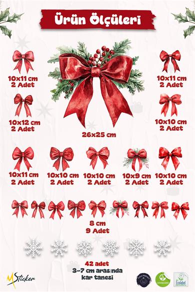 Yılbaşı Çift Taraflı Cam Sticker Seti – 28 Parça Kırmızı Kurdele & 42 Kar Tanesi – Noel Pencere Süsü