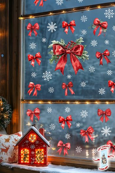Yılbaşı Çift Taraflı Cam Sticker Seti – 28 Parça Kırmızı Kurdele & 42 Kar Tanesi – Noel Pencere Süsü