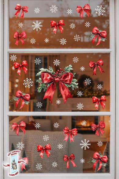 Yılbaşı Çift Taraflı Cam Sticker Seti – 28 Parça Kırmızı Kurdele & 42 Kar Tanesi – Noel Pencere Süsü