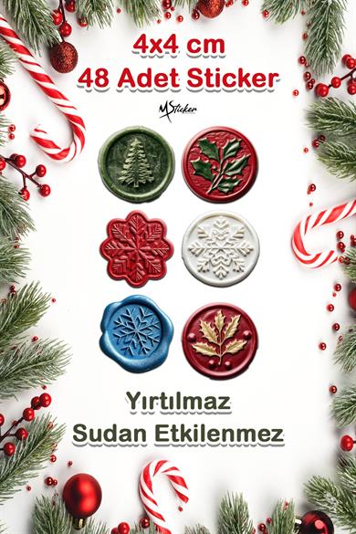 Yılbaşı Mühür Sticker 4x4 - 48 Adet - Suya Dayanıklı Yeni Yıl Yılbaşı Sticker, Hediye Paketi Süsü