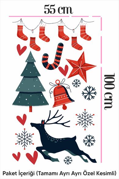 Yılbaşı Özel Çam Ağacı,Geyik,Çorap,Noel Süsleri Duvar-Cam Sticker