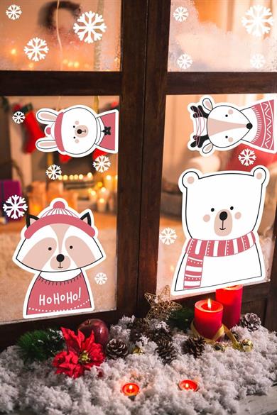 Yılbaşı Özel Kar Taneleri, Geyik, Ayıcık Figürlü Noel Süsleri Duvar-Cam Sticker
