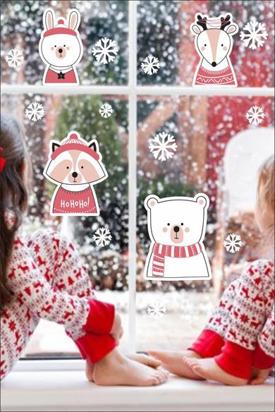 Yılbaşı Özel Kar Taneleri, Geyik, Ayıcık Figürlü Noel Süsleri Duvar-Cam Sticker