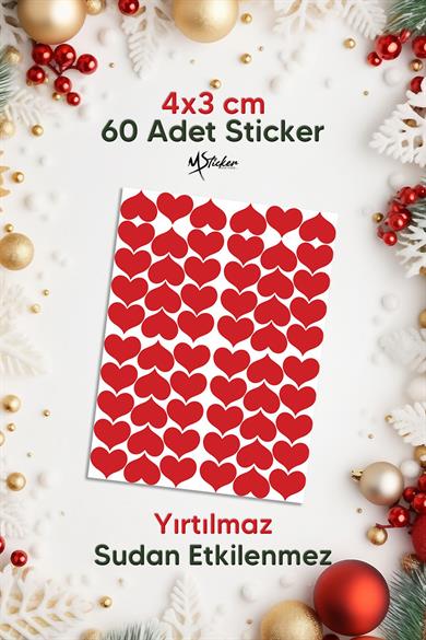 Yılbaşı Sevgililer Günü 3x4 cm 60 Adet Kalp Sticker Seti, Hediye Paketi Süsü - Paketleme -  Özel Kesimli