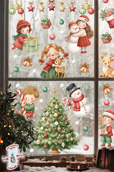 Yılbaşı Temalı Çocuk Odası Cam Sticker Seti – Çam Ağacı, Kardan Adam, Hediye Noel Figürleri 44 Parça