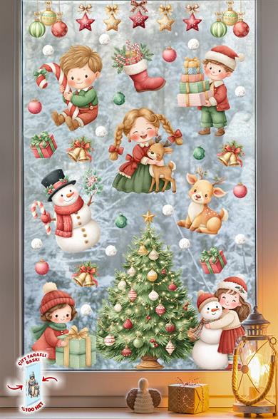 Yılbaşı Temalı Çocuk Odası Cam Sticker Seti – Çam Ağacı, Kardan Adam, Hediye Noel Figürleri 44 Parça