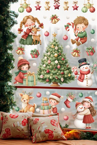 Yılbaşı Temalı Çocuk Odası Cam Sticker Seti – Çam Ağacı, Kardan Adam, Hediye Noel Figürleri 44 Parça