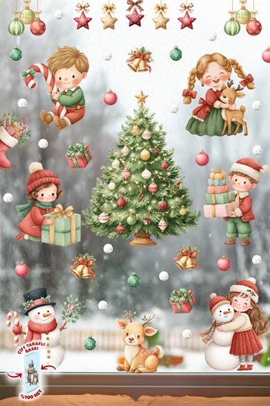 Yılbaşı Temalı Çocuk Odası Cam Sticker Seti – Çam Ağacı, Kardan Adam, Hediye Noel Figürleri 44 Parça