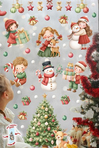 Yılbaşı Temalı Çocuk Odası Cam Sticker Seti – Çam Ağacı, Kardan Adam, Hediye Noel Figürleri 44 Parça