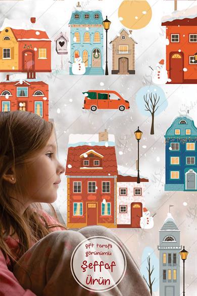 Yılbaşı Yeni Yıl Karlı Şehir 2023 ŞEFFAF Yılbaşı Süsü Kış Temalı Cam Sticker Seti