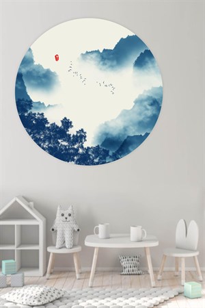Yuvarlak Mavi Tonlarda Manzara Duvar Sticker (95x95 cm)