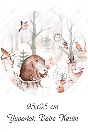 Yuvarlak Ormandaki Sevimli Hayvanlar Soft Renklerde Duvar Sticker
