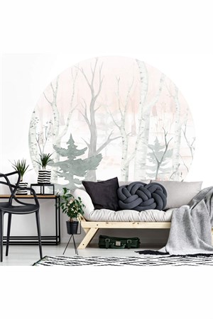 Yuvarlak Soft Renklerde Orman Manzaralı Duvar Sticker (95x95 cm)