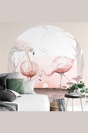 Yuvarlak Tropikal Flamingo Duvar Sticker (95x95 cm)