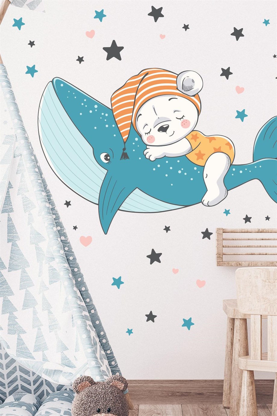  Balinada Uyuyan Ayıcık ve Yıldızlar Çocuk Bebek Odası Sticker Seti