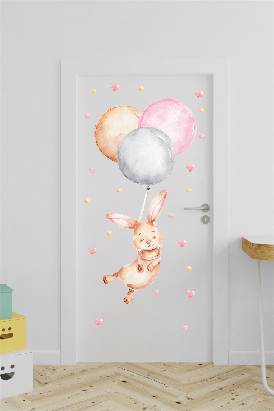  Balonlar ve Tavşan Kapı Stickerı - Kalp ve Puantiyeli 