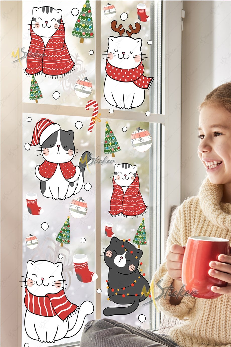  Yılbaşı Sevimli Kedileri Yeni Yıl Kedileri Cam Kapı Duvar Sticker Seti, Yılbaşı Süsü 