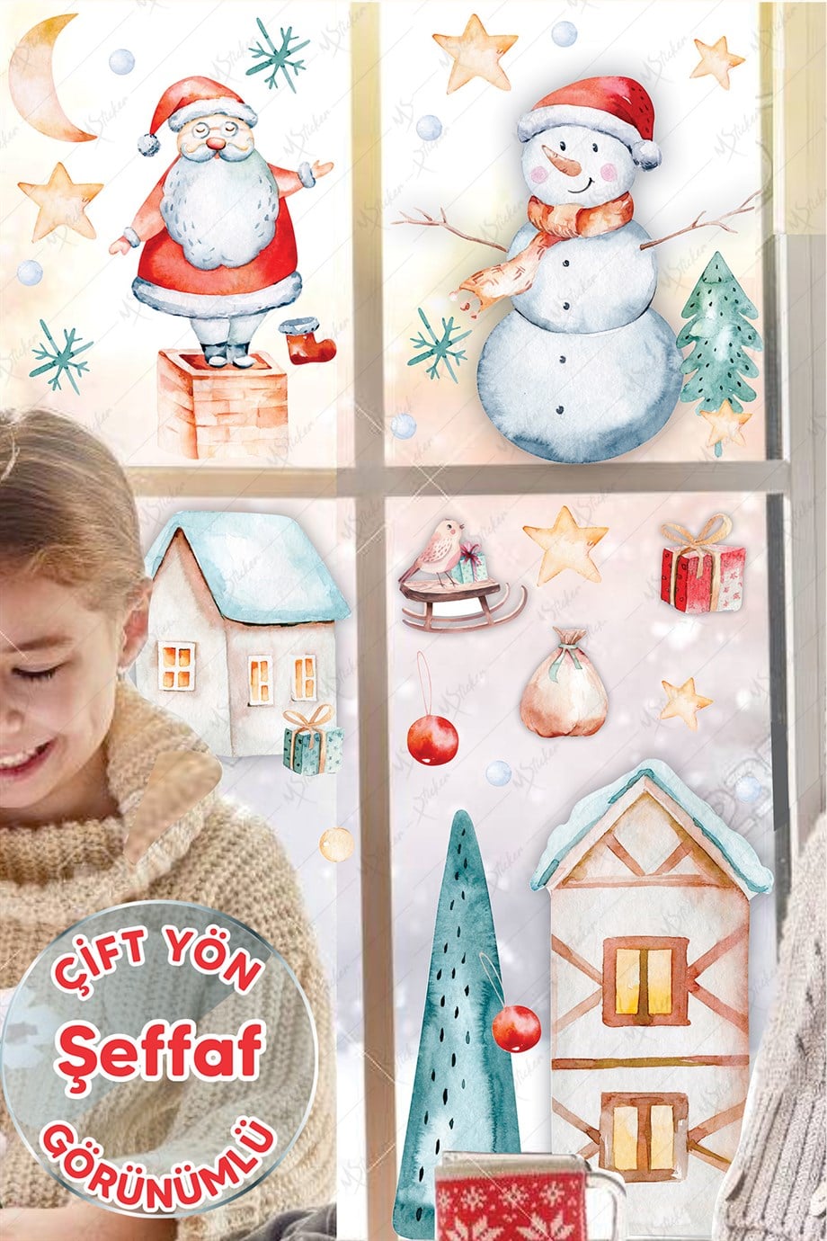  Yılbaşı Sticker Seti - Eğlenceli Kış Figürleri Cam Duvar Sticker Seti - ŞEFFAF 