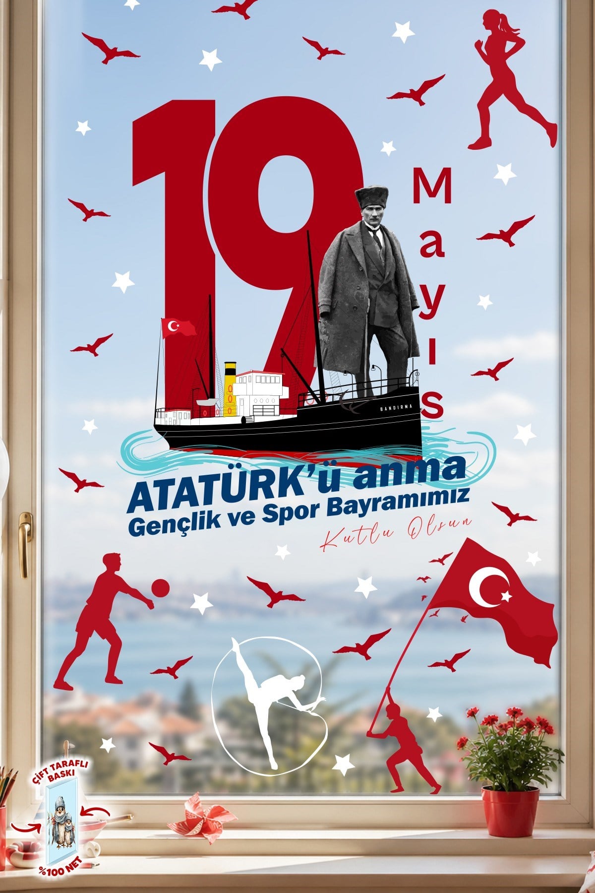 19 Mayıs Atatürk’ü Anma Gençlik ve Spor Bayramı Çift Taraflı Cam Sticker Set – 100% Görünüm,90 Parça