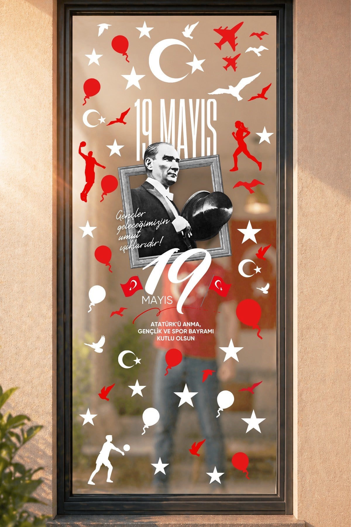 19 Mayıs Çift Taraflı Cam Sticker Seti 70 Parça Atatürk Temalı Pencere Süsü, Atatürk, Gençlik Bayram