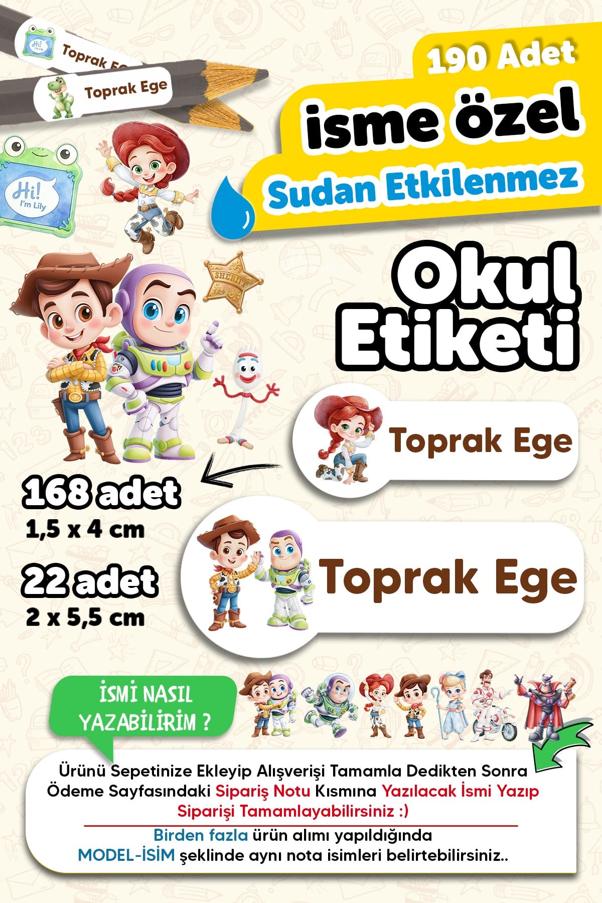 190 Adet Kişiye Özel Okul Etiketi İsimli Kalem Defter Suluk Etiket Suya Dayanıklı Etiket Toy Story