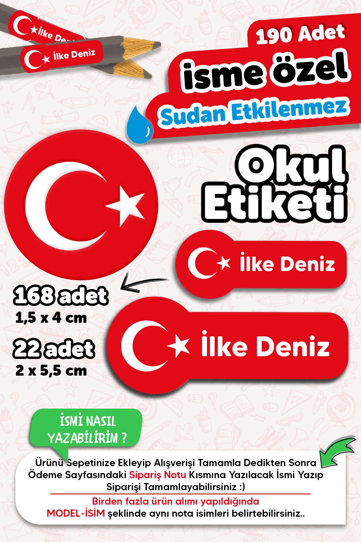 190 Adet Kişiye Özel Okul Etiketi İsimli Kalem Defter Suluk Etiket Dayanıklı Etiket Türk Bayrağı