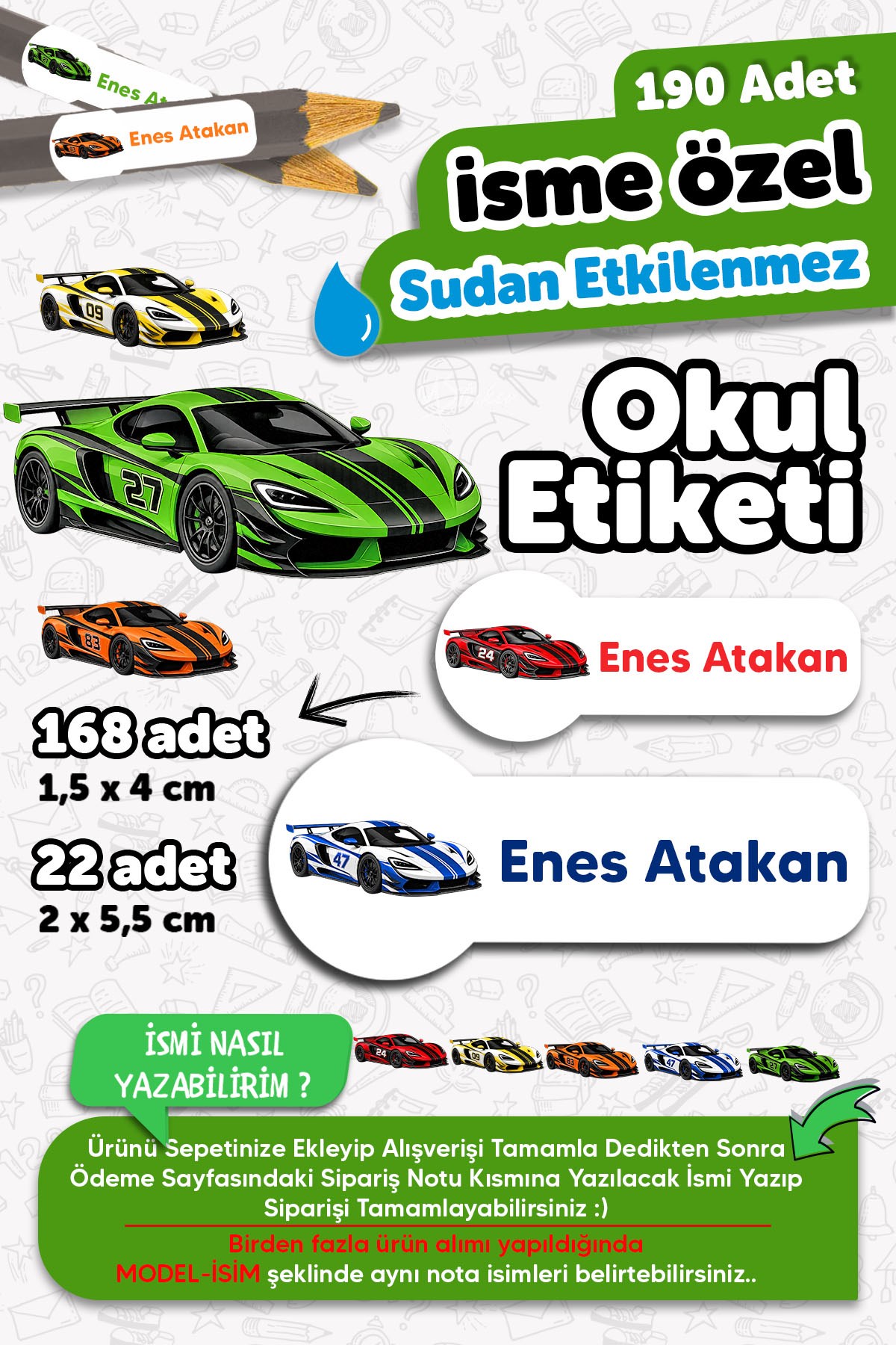 190 Adet Kişiye Özel Okul Etiketi İsimli Kalem Defter Suluk Etiket Dayanıklı Etiket Yarış Arabaları