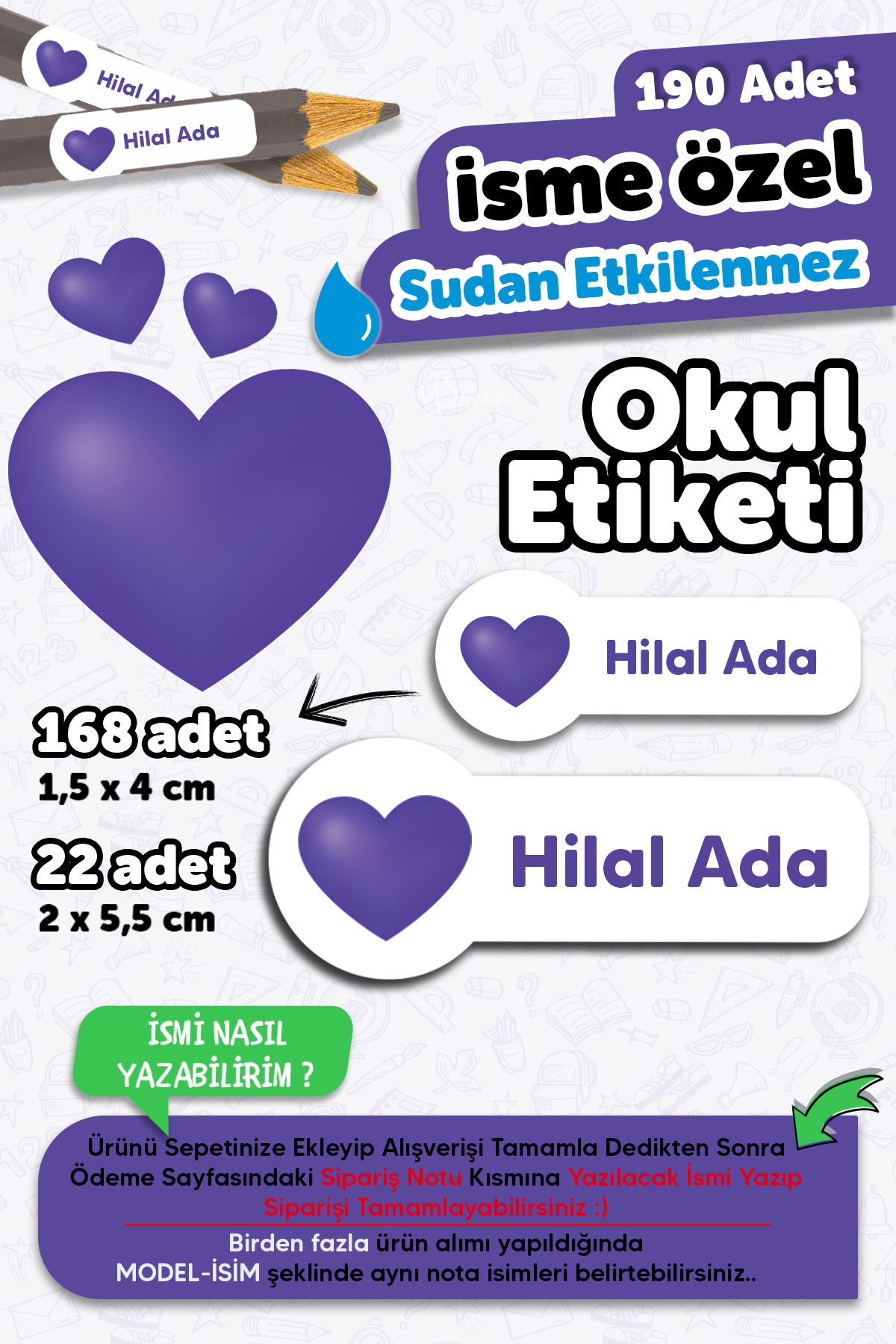 190 Adet Kişiye Özel Okul Etiketi İsimli Kalem Defter Suluk Etiket Dayanıklı Etiket Renkli Mor Kalp