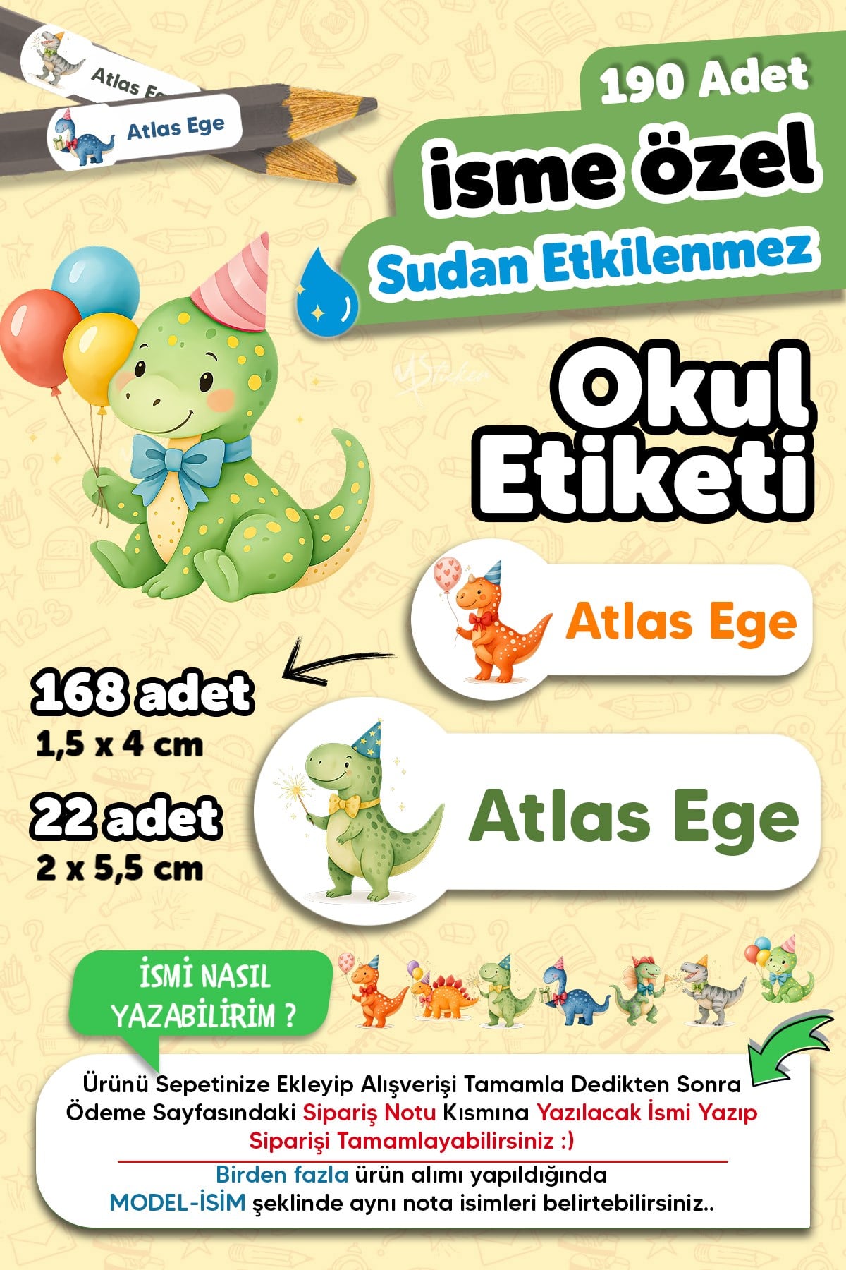 190 Adet Kişiye Özel Okul Etiketi İsimli Kalem Defter Suluk Etiket Suya Dayanıklı Etiket Dinazorlar
