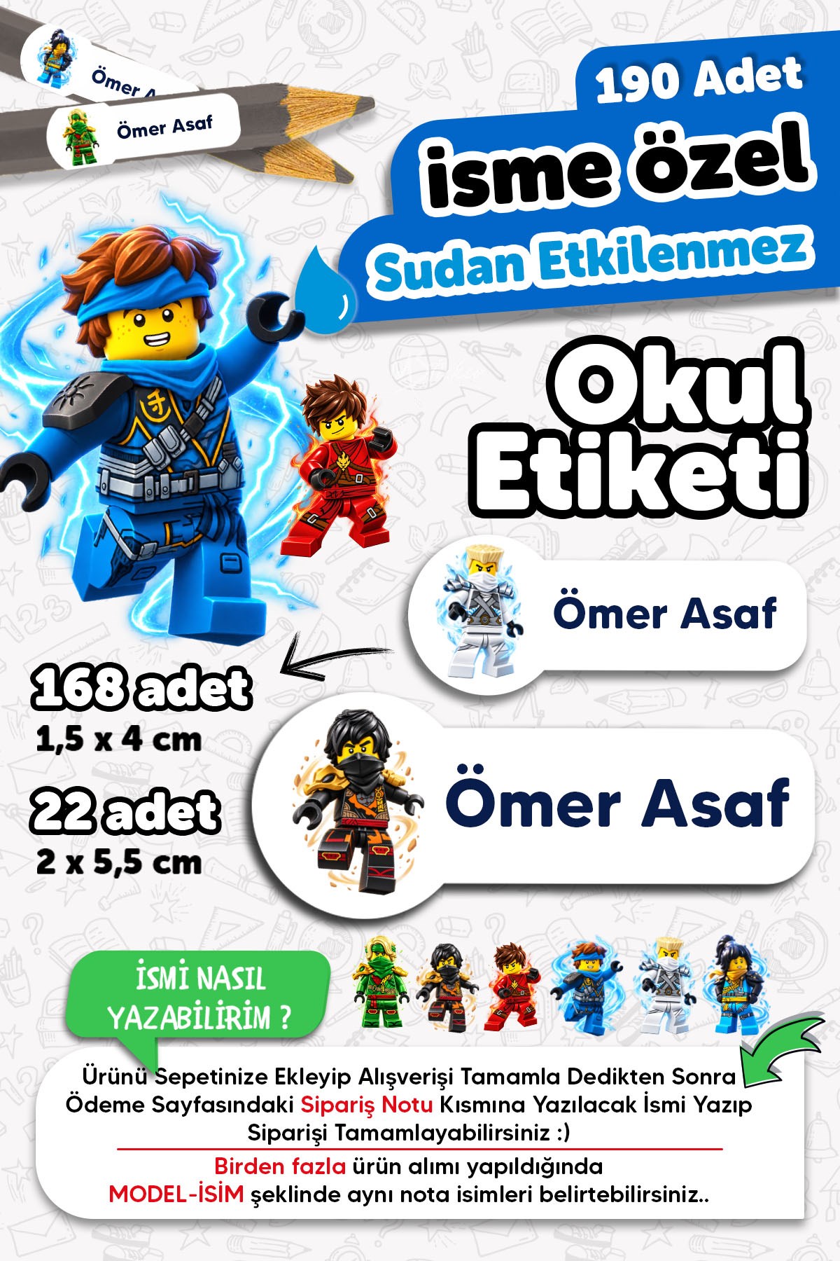 190 Adet Kişiye Özel Okul Etiketi İsimli Kalem Defter Suluk Etiket Dayanıklı Etiket Ninja