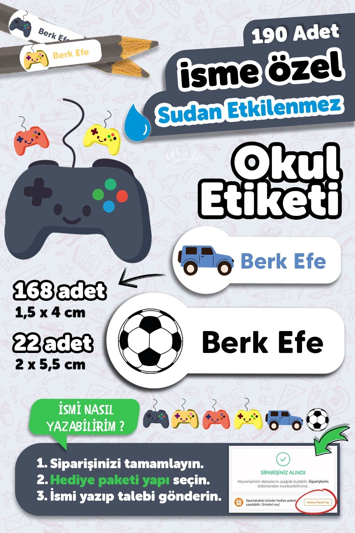 190 Adet Kişiye Özel Okul Etiketi İsimli Kalem Defter Suluk Etiket Suya Dayanıklı Etiket Oyun