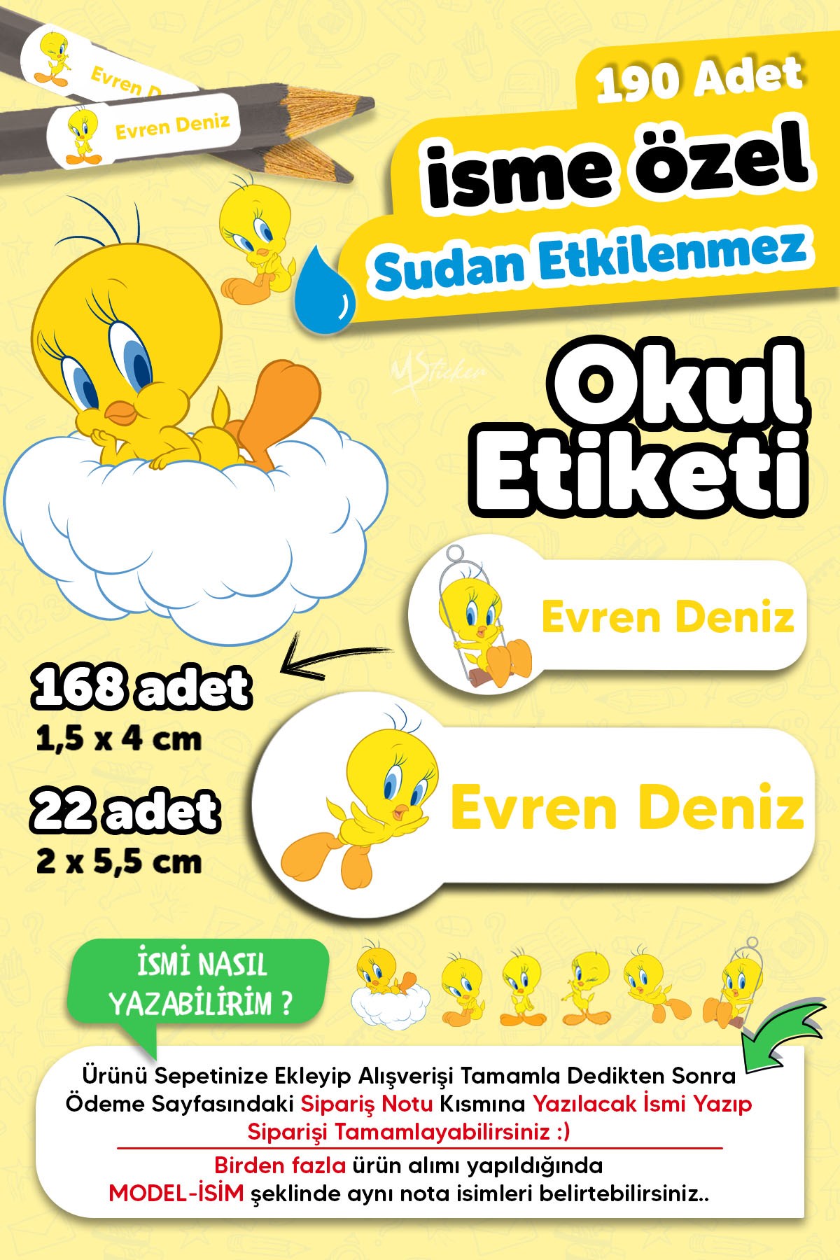 190 Adet Kişiye Özel Okul Etiketi İsimli Kalem Defter Suluk Etiket Dayanıklı Etiket Tweety