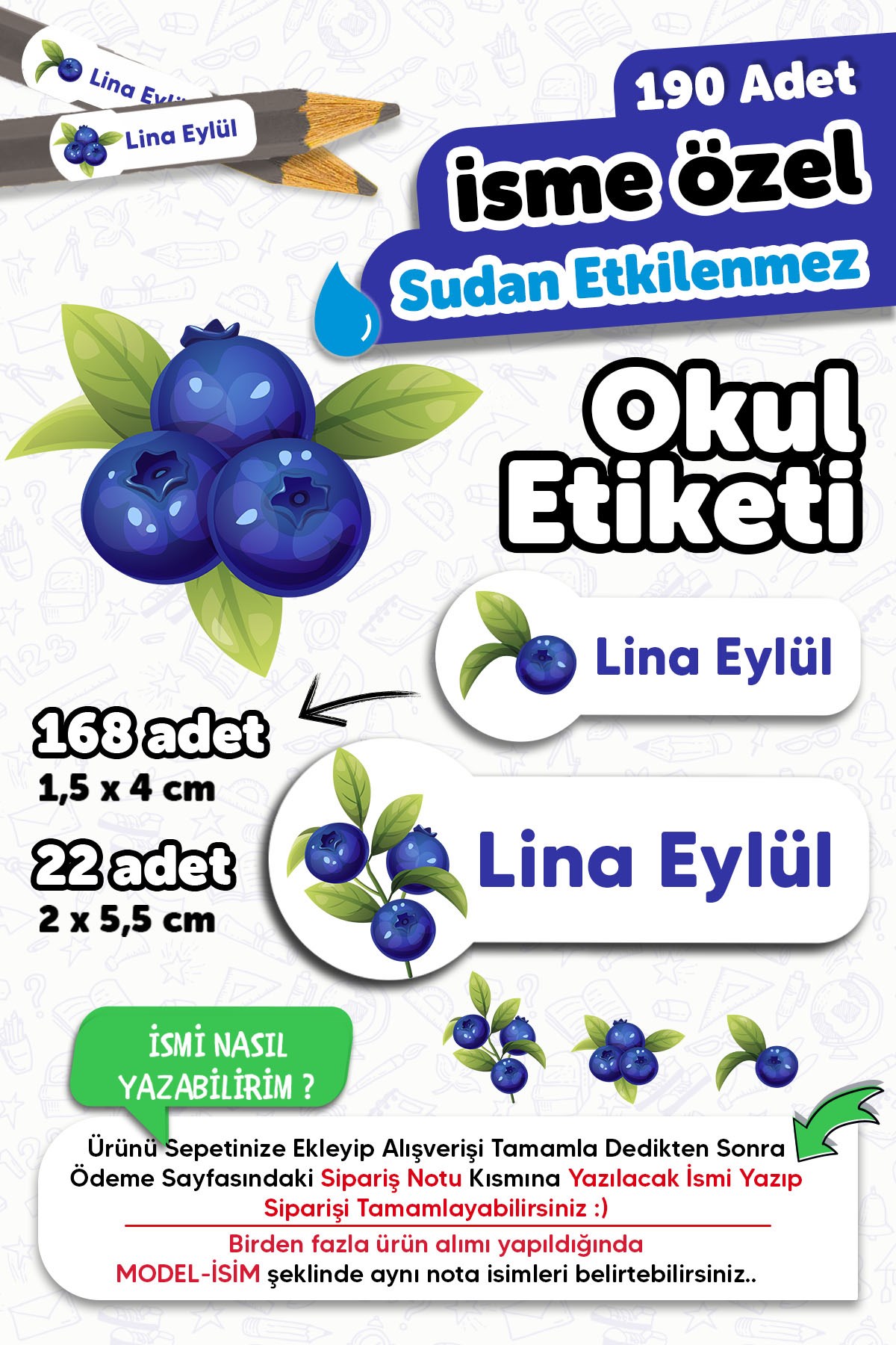 190 Adet Kişiye Özel Okul Etiketi İsimli Kalem Defter Suluk Etiket Dayanıklı Etiket Yaban Mersini