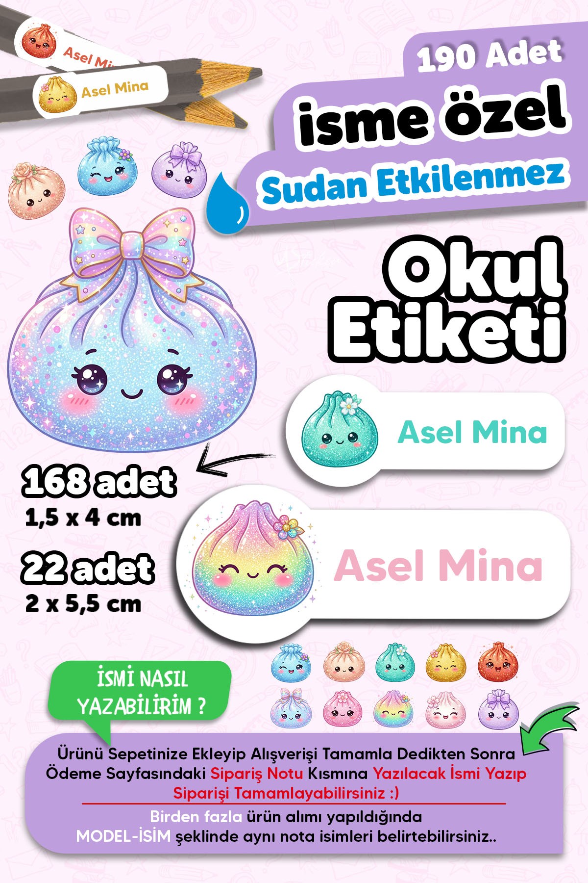 190 Adet Kişiye Özel Okul Etiketi İsimli Kalem Defter Suluk Etiket Dayanıklı Etiket Renkli Çin Mantısı