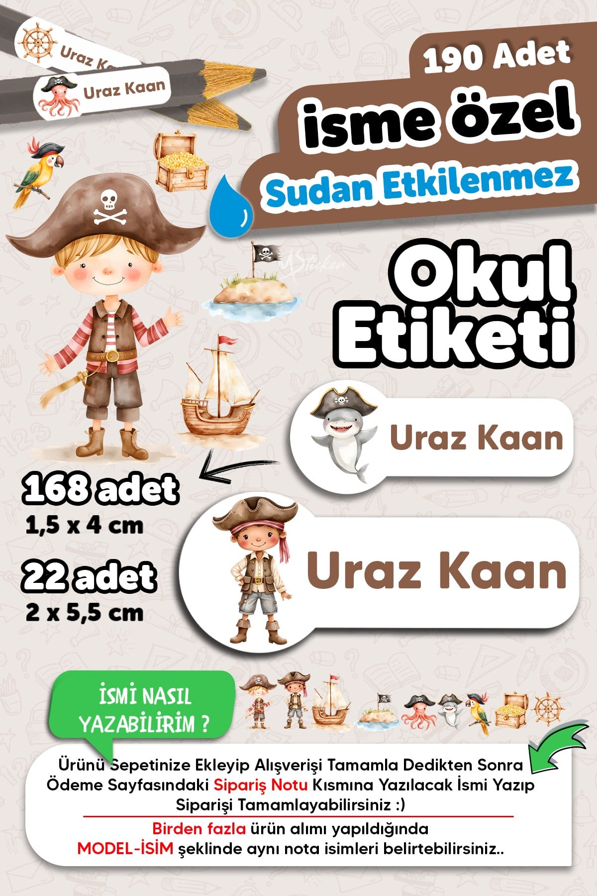 190 Adet Kişiye Özel Okul Etiketi İsimli Kalem Defter Suluk Etiket Dayanıklı Etiket Korsan