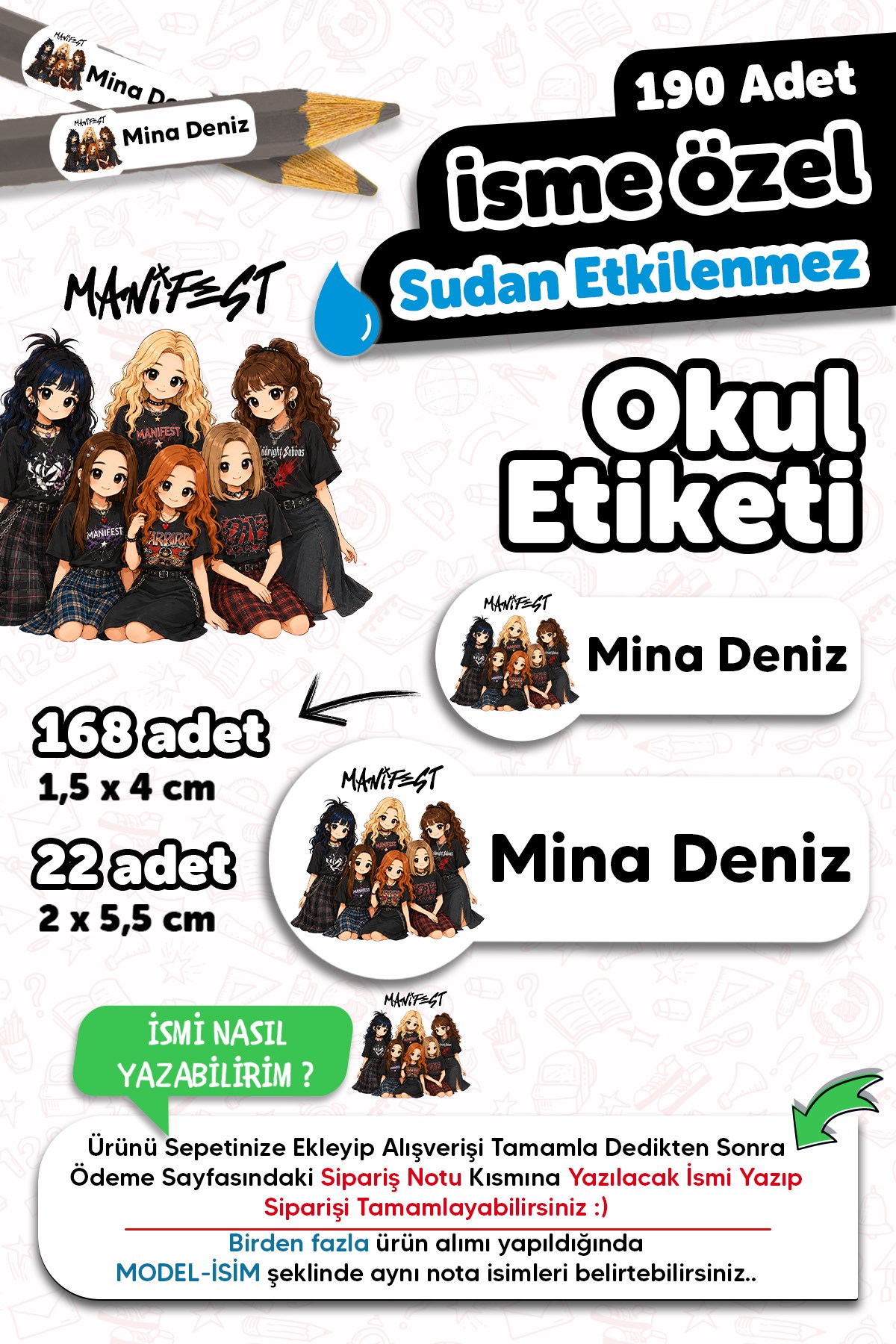 190 Adet Kişiye Özel Okul Etiketi İsimli Kalem Defter Suluk Etiket Dayanıklı Etiket Manifest